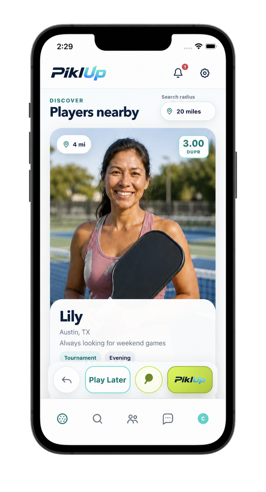 PiklUp Discover screen showing Lily's profile and all player action controls