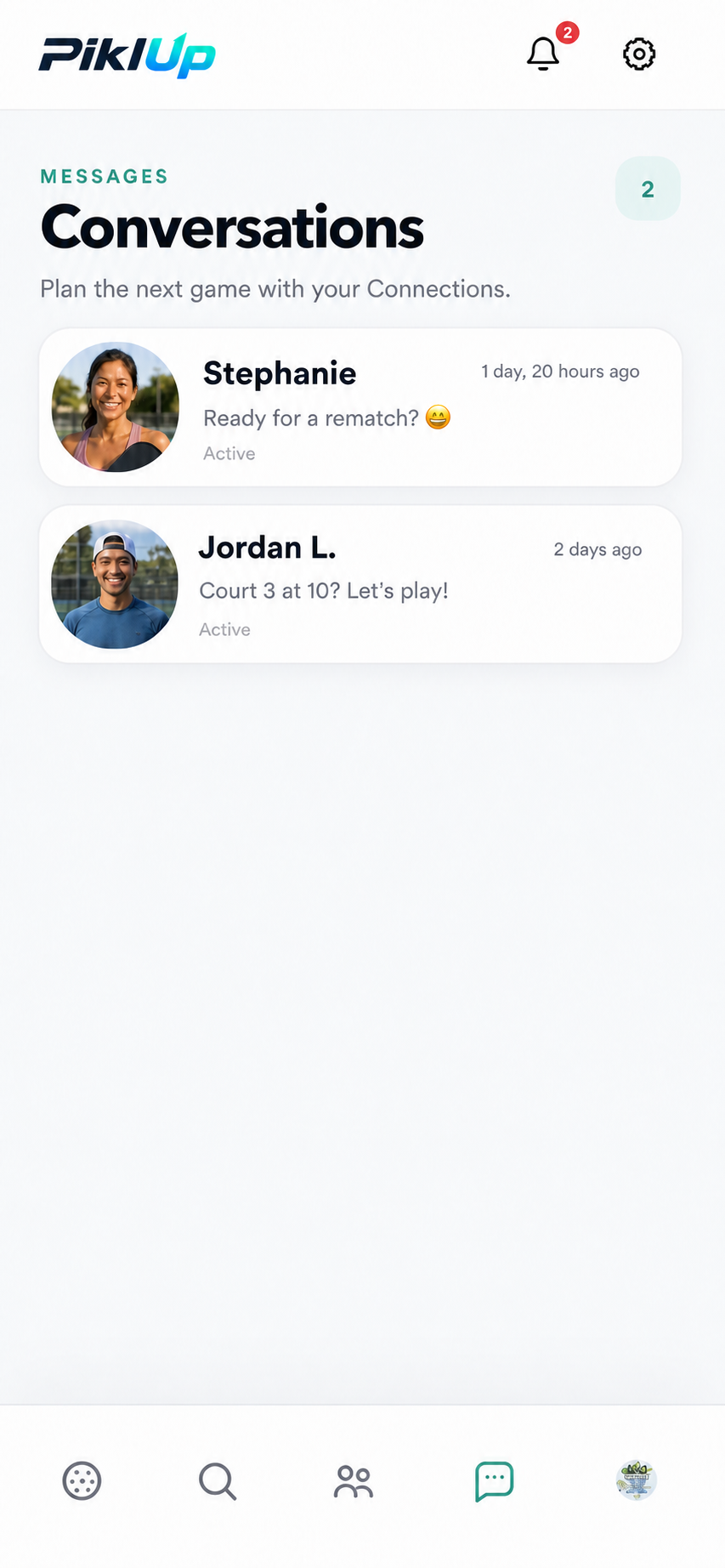 Fictional PiklUp Messages screen with conversations between Stephanie and Jordan L.